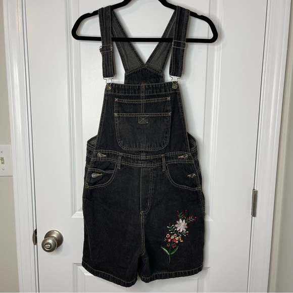 Vintage Denim Shortalls Bib Overalls Jeans Route 66 90s Y2K Womens L 9-10 Black - Picture 1 of 11